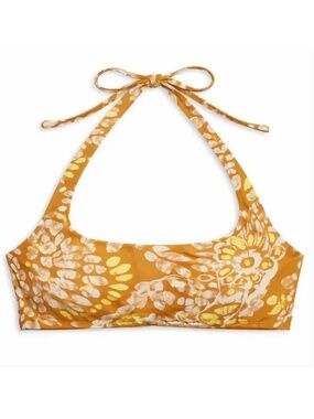 Aerie Floral Bralette Bikini Top Scoop Neck Tie Back Tan White XL